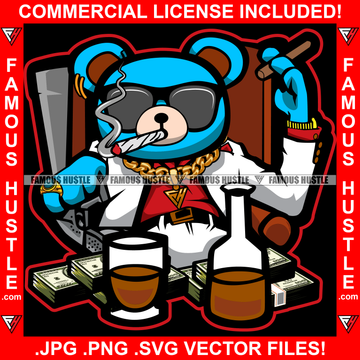 Scar Face Mafia Mob Boss Gangster Teddy Bear Sunglasses Gold Jewelry Cash Smoking Cigar Blunt Marijuana Cigarette Alcohol Liquor Drink Hip Hop Rap Hustler Trap Hood Thug Street Art Graphic Design Logo T-Shirt Print Printing JPG PNG SVG Vector Cut File